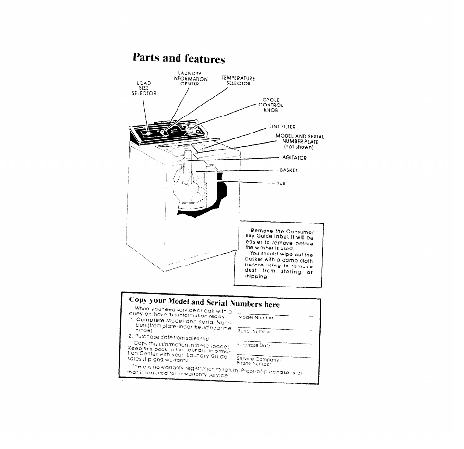 Parts and features, Copy your model and serial .numbers here | Whirlpool LA7800XP User Manual | Page 2 / 16