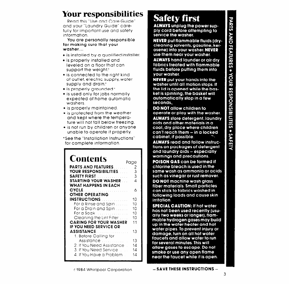 Safety first, Your responsibilities, Safety first contents | Whirlpool LA7800XP User Manual | Page 3 / 16