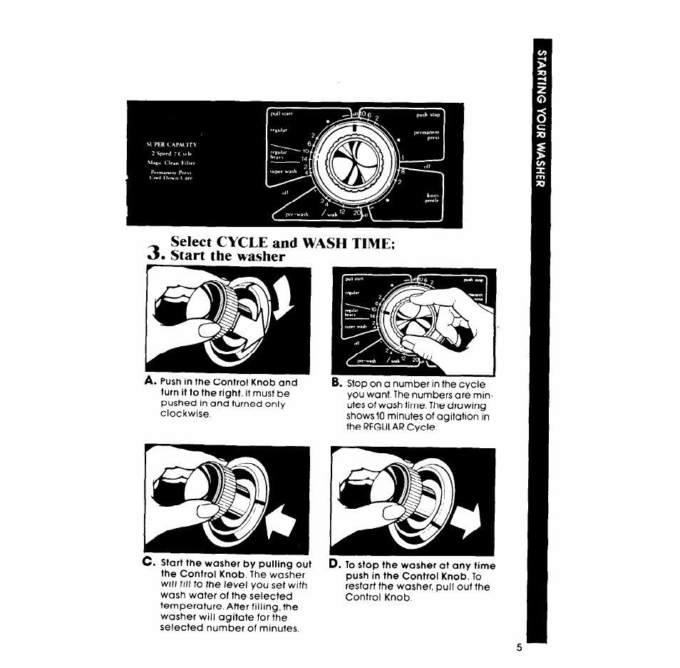 Select cycle and wash time; «3. start the washer | Whirlpool LA7800XP User Manual | Page 5 / 16
