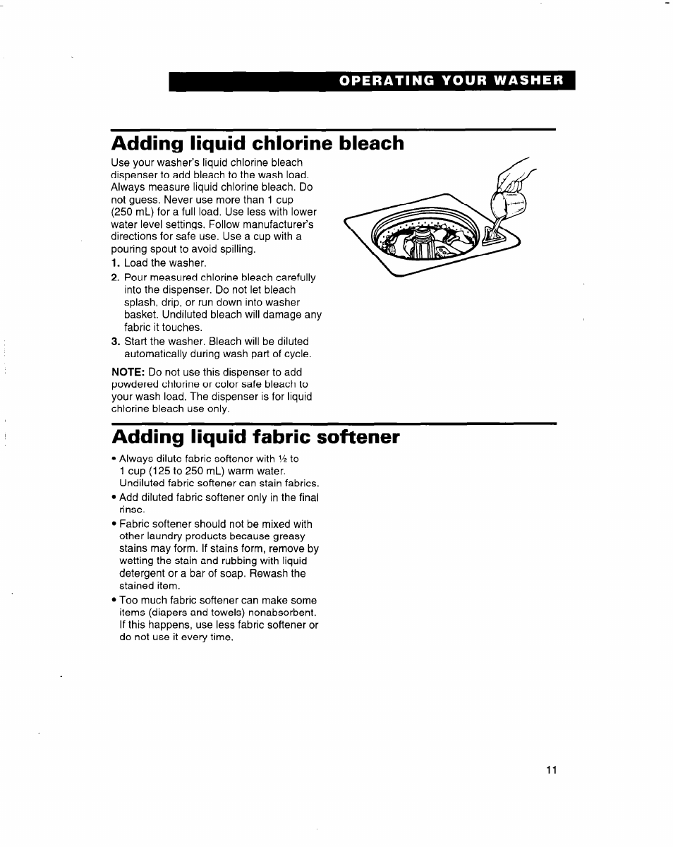 Adding liquid chlorine bleach, Adding liquid fabric softener | Whirlpool 3363560 User Manual | Page 11 / 23