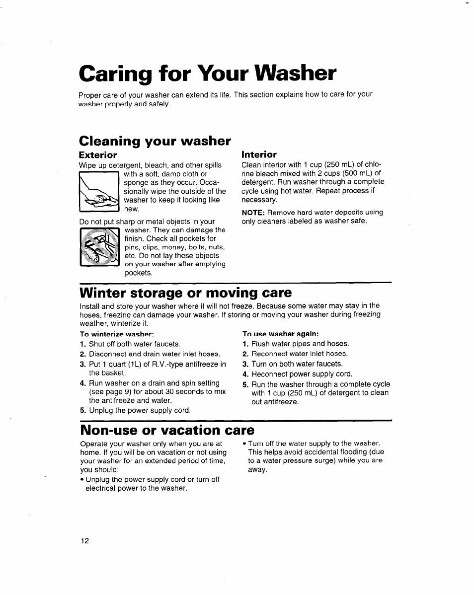 Caring for your washer, Cleaning your washer, Exterior | Interior, Winter storage or moving care, To winterize washer, Non-use or vacation care, Operating your washer | Whirlpool 3363560 User Manual | Page 12 / 23