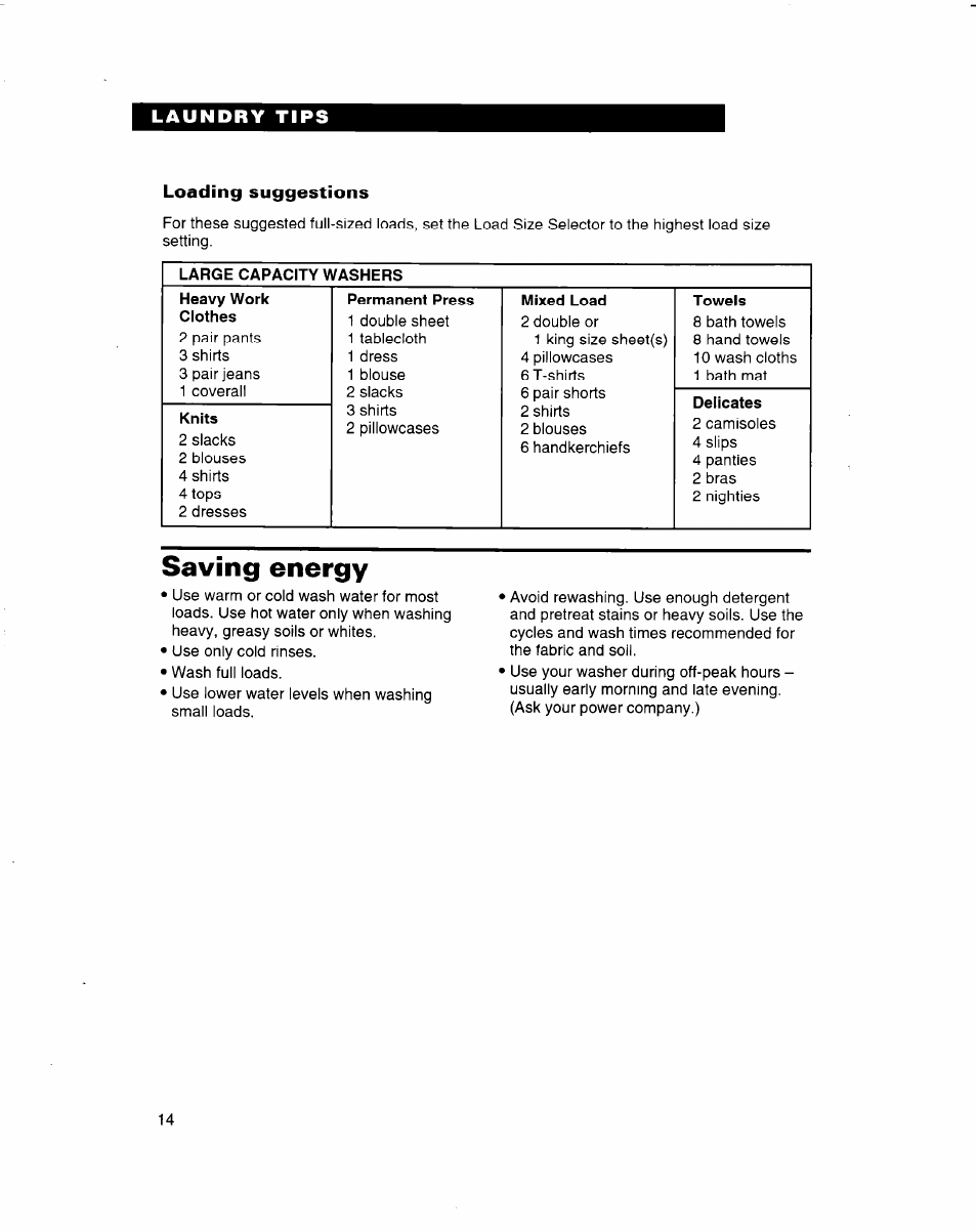 Loading suggestions, Saving energy | Whirlpool 3363560 User Manual | Page 14 / 23
