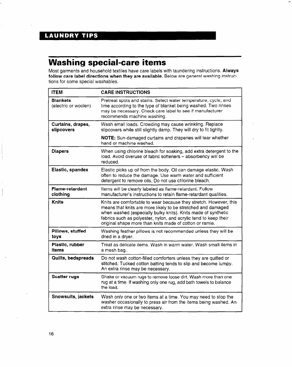 Washing special-care items | Whirlpool 3363560 User Manual | Page 16 / 23