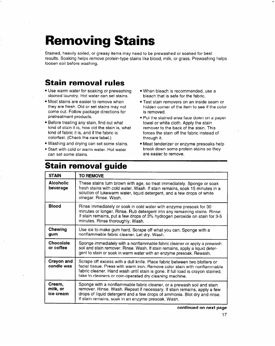 Removing stains, Stain removal rules, Stain removal guide | Whirlpool 3363560 User Manual | Page 17 / 23