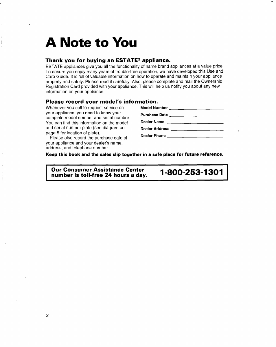 A note to you, Thank you for buying an estate® appliance, Please record your model's information | Whirlpool 3363560 User Manual | Page 2 / 23