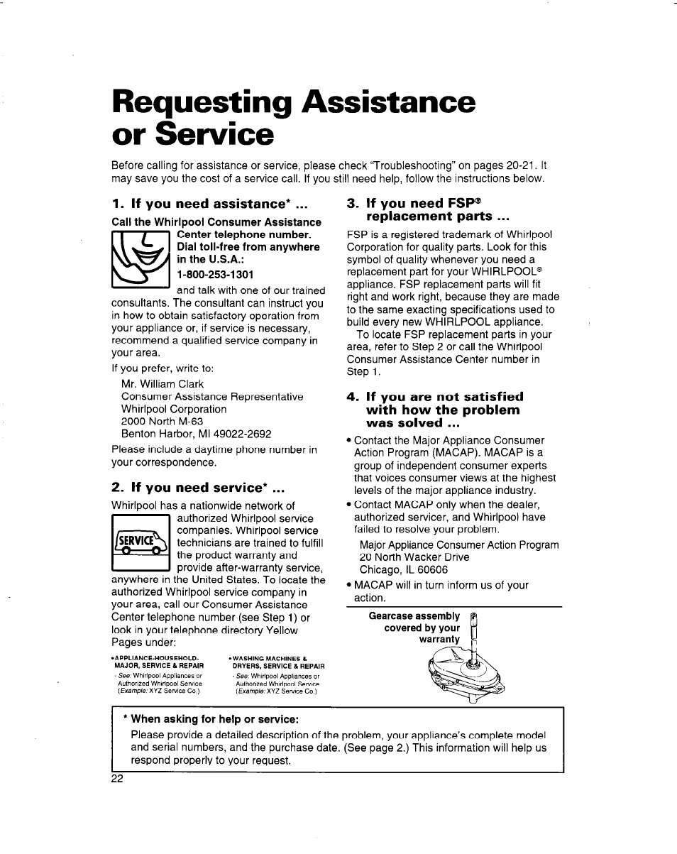 Requesting assistance or service, If you need assistance, If you need service | If you need fsp® replacement parts, When asking for help or service, Requesting assistance, Or service | Whirlpool 3363560 User Manual | Page 22 / 23
