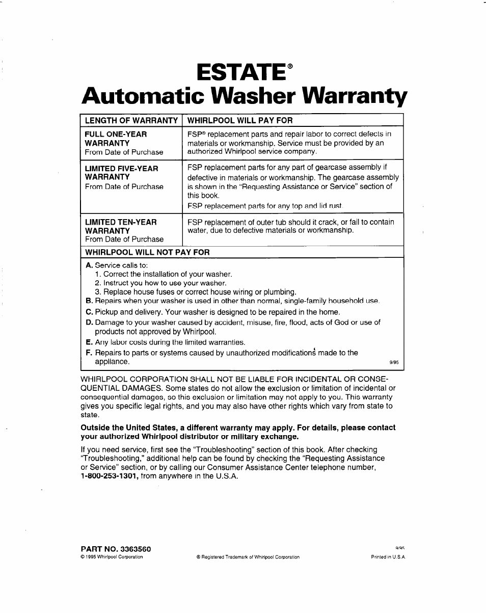 Automatic washer warranty, Part no. 3363560 | Whirlpool 3363560 User Manual | Page 23 / 23