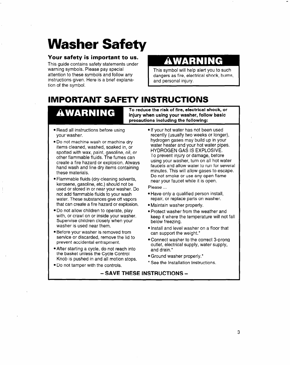 Washer safety, Your safety is important to us, Important safety instructions | Save these instructions, A warning, Awarning | Whirlpool 3363560 User Manual | Page 3 / 23