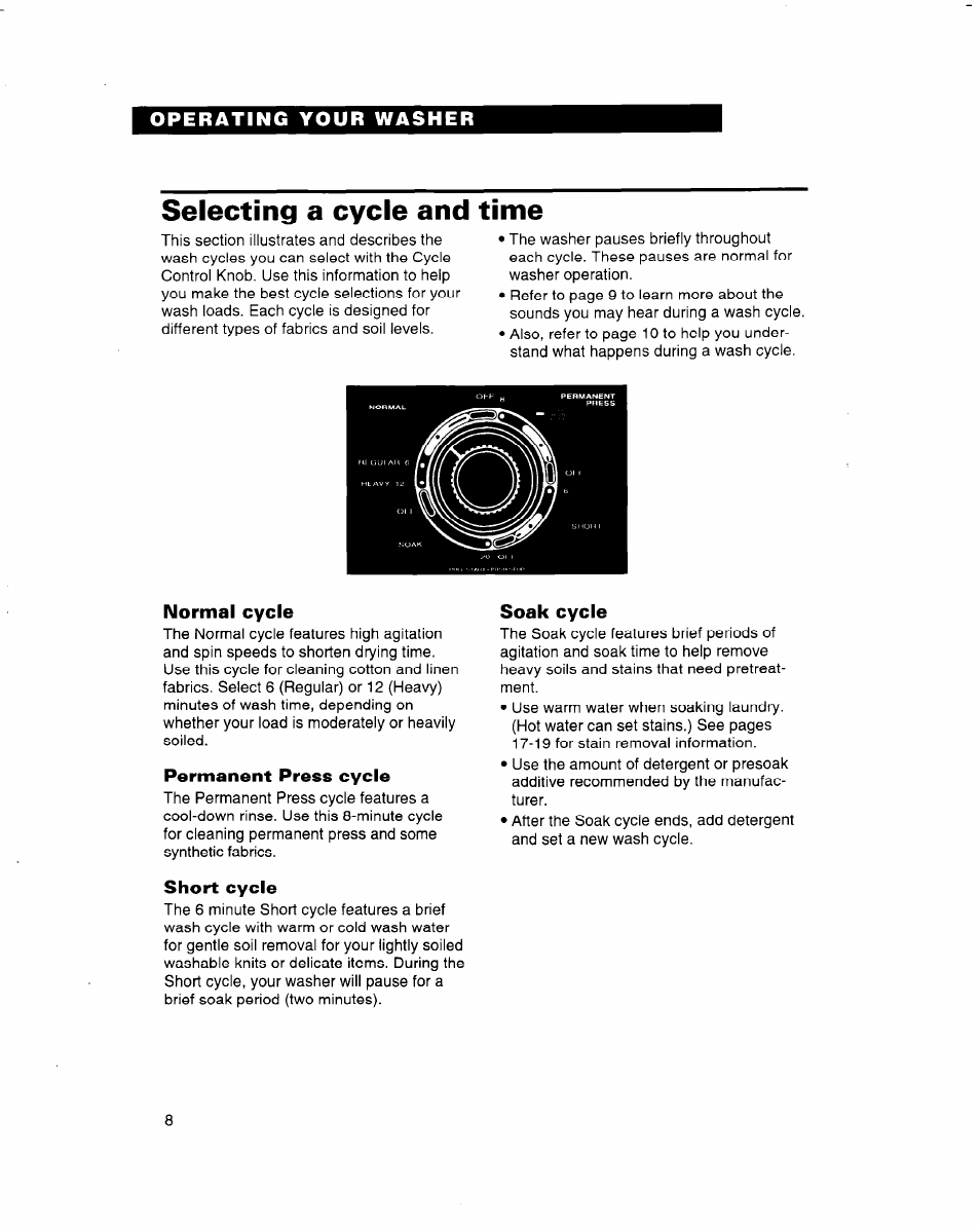 Selecting a cycle and time, Normal cycle, Permanent press cycle | Short cycle, Soak cycle | Whirlpool 3363560 User Manual | Page 8 / 23