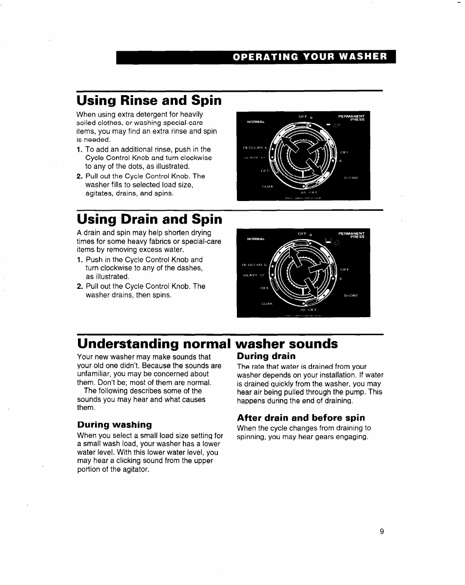 Using rinse and spin, Using drain and spin, During washing | During drain, After drain and before spin, Using rinse and spin using drain and spin, Understanding normal washer sounds | Whirlpool 3363560 User Manual | Page 9 / 23