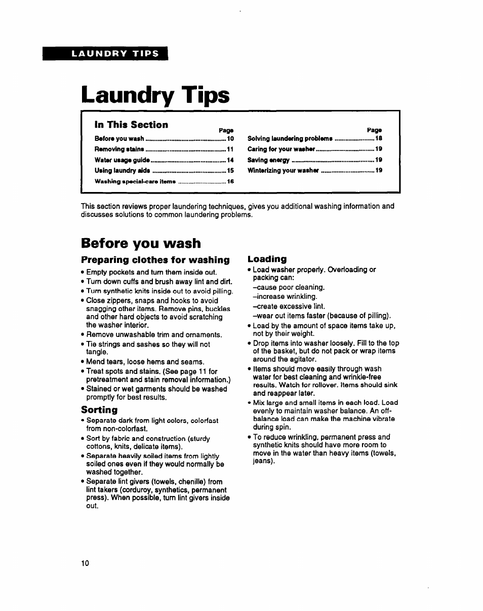 Laundry tips, Before you wash, Preparing clothes for washing | Sorting, Loading | Whirlpool RAM4131A User Manual | Page 10 / 24