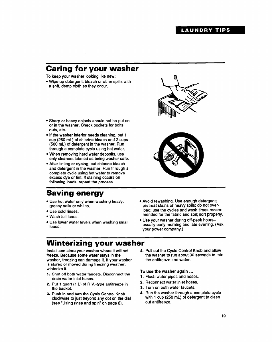 Caring for your washer, Saving energy, Winterizing your washer | Whirlpool RAM4131A User Manual | Page 19 / 24