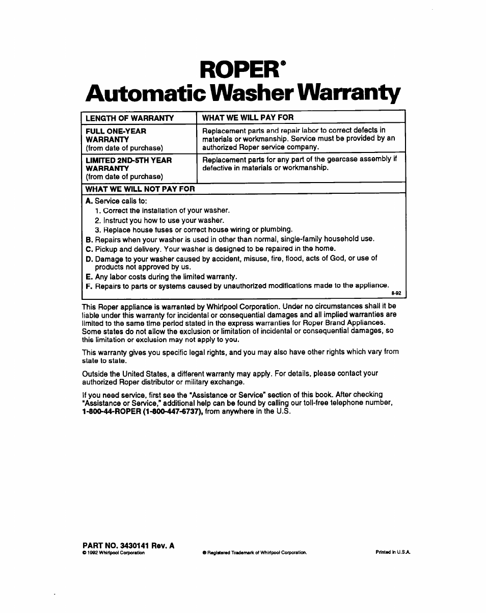 Roper, Automatic washer warranty, Roper* automatic washer warranty | Whirlpool RAM4131A User Manual | Page 24 / 24