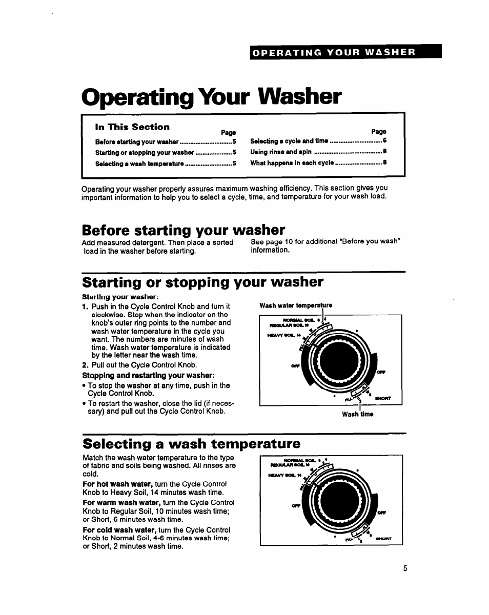 Operating your washer, Before starting your washer, Starting or stopping your washer | Selecting a wash temperature, Operating your, Washer | Whirlpool RAM4131A User Manual | Page 5 / 24