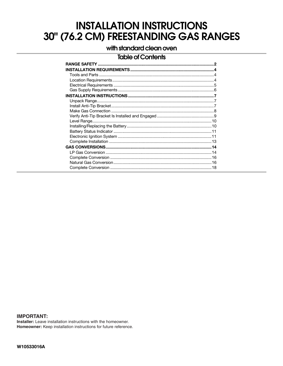 Whirlpool 30" (76.2 CM) FREESTANDING GAS RANGES W10533016A User Manual | 20 pages