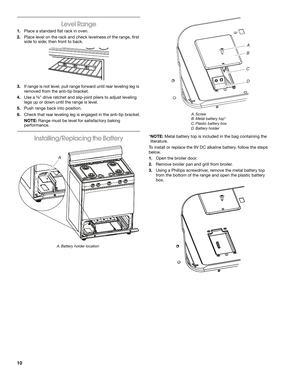 Level range, Installing/replacing the battery | Whirlpool 30" (76.2 CM) FREESTANDING GAS RANGES W10533016A User Manual | Page 10 / 20