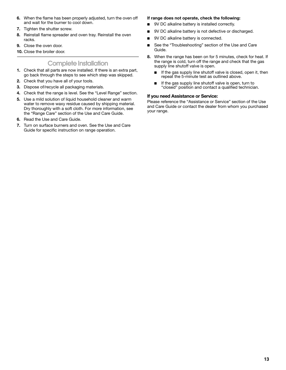 Complete installation | Whirlpool 30" (76.2 CM) FREESTANDING GAS RANGES W10533016A User Manual | Page 13 / 20