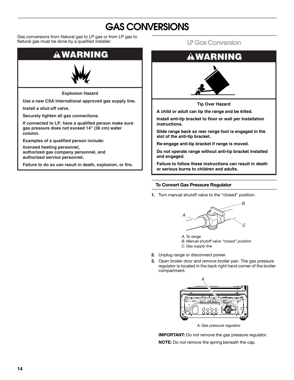 Gas conversions, Warning, Lp gas conversion | Whirlpool 30" (76.2 CM) FREESTANDING GAS RANGES W10533016A User Manual | Page 14 / 20