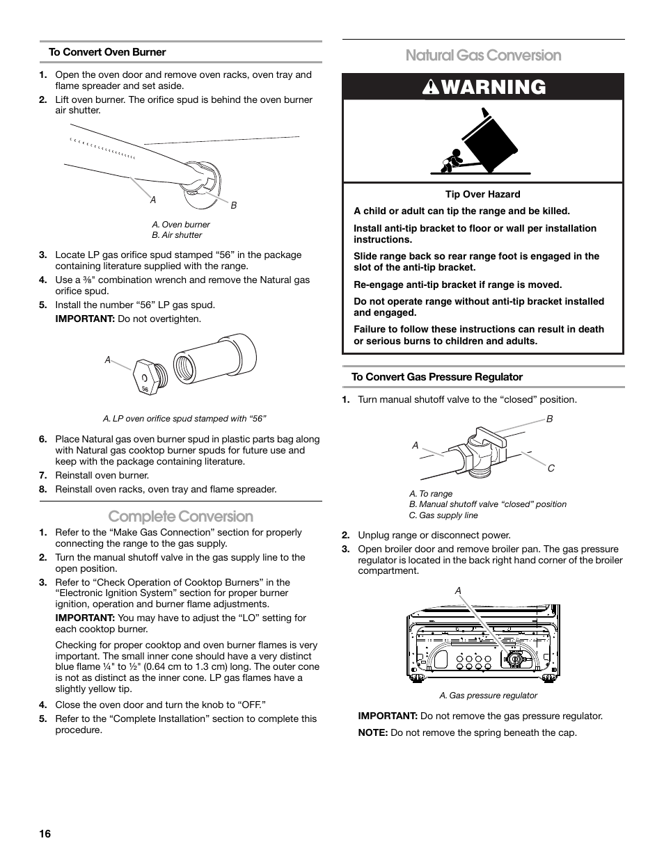 Warning, Complete conversion, Natural gas conversion | Whirlpool 30" (76.2 CM) FREESTANDING GAS RANGES W10533016A User Manual | Page 16 / 20