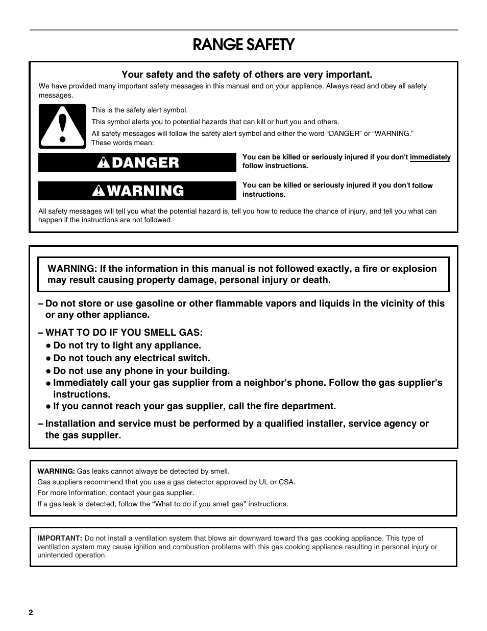 Range safety, Danger warning | Whirlpool 30" (76.2 CM) FREESTANDING GAS RANGES W10533016A User Manual | Page 2 / 20