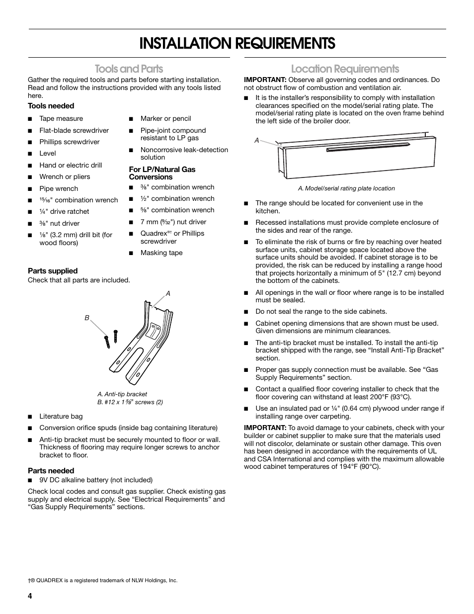 Installation requirements, Tools and parts, Location requirements | Whirlpool 30" (76.2 CM) FREESTANDING GAS RANGES W10533016A User Manual | Page 4 / 20