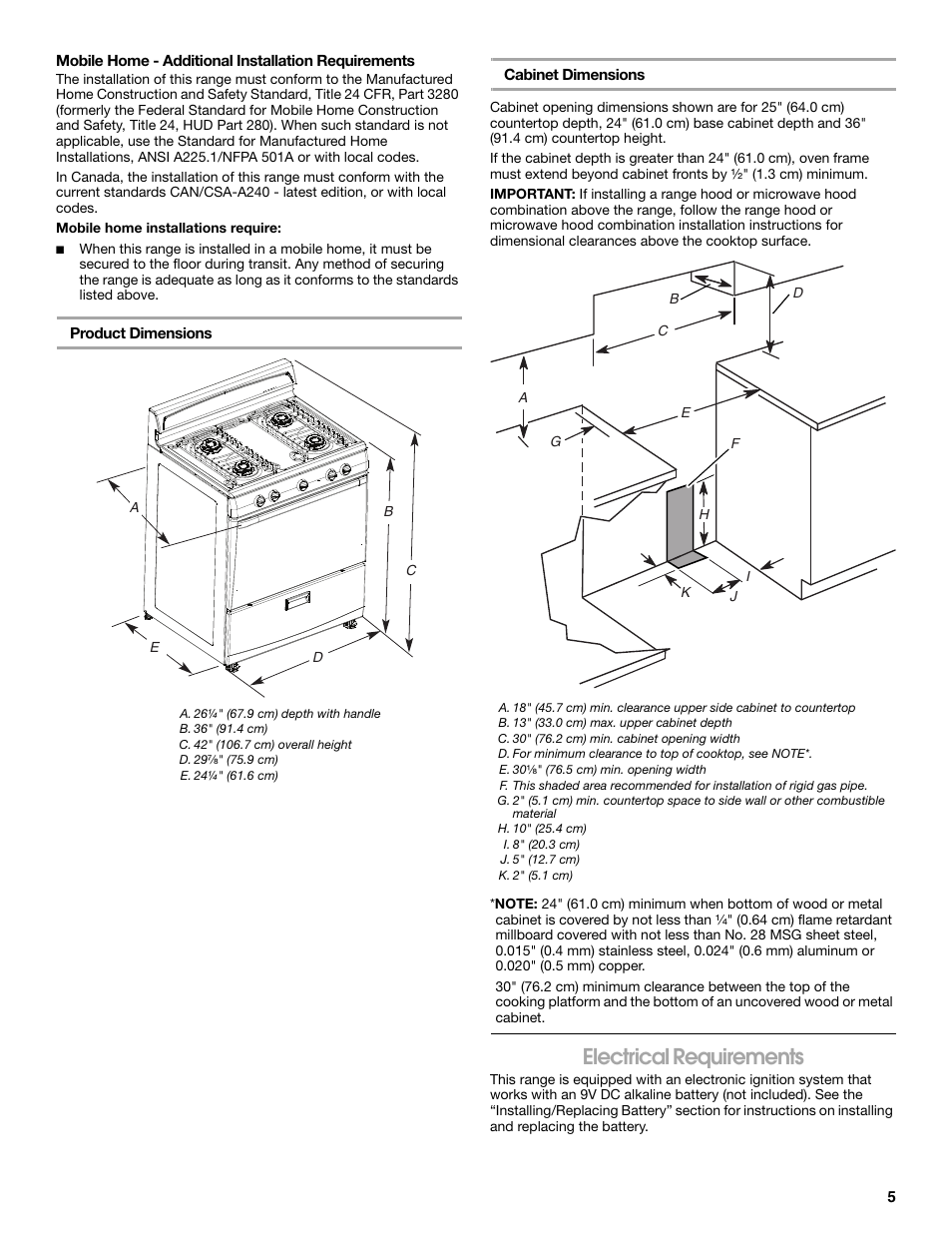 Electrical requirements | Whirlpool 30" (76.2 CM) FREESTANDING GAS RANGES W10533016A User Manual | Page 5 / 20