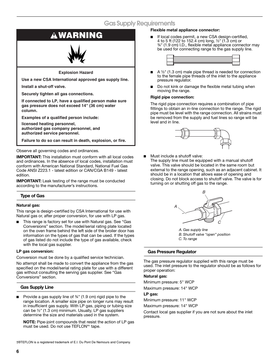 Warning, Gas supply requirements | Whirlpool 30" (76.2 CM) FREESTANDING GAS RANGES W10533016A User Manual | Page 6 / 20