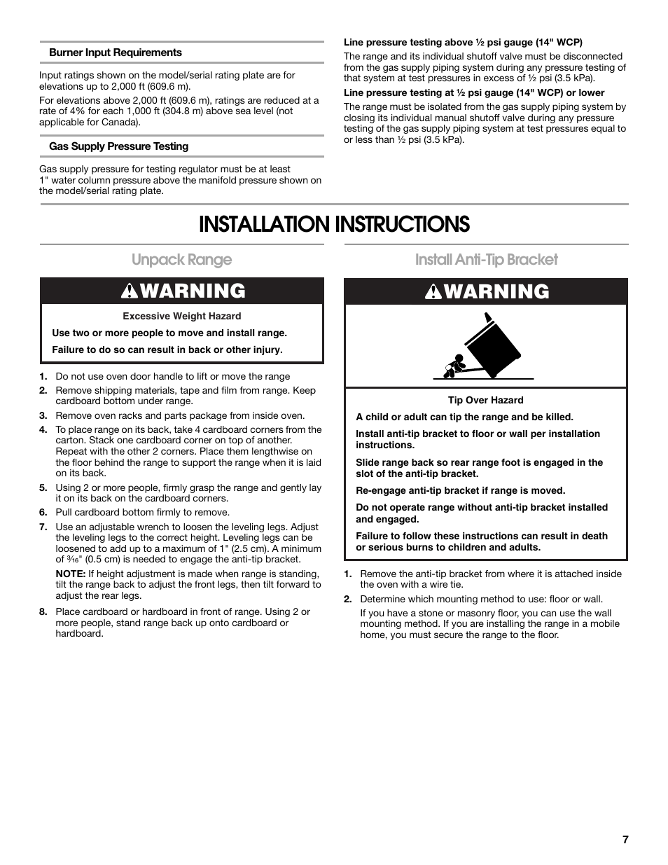 Installation instructions, Warning, Unpack range | Install anti-tip bracket | Whirlpool 30" (76.2 CM) FREESTANDING GAS RANGES W10533016A User Manual | Page 7 / 20