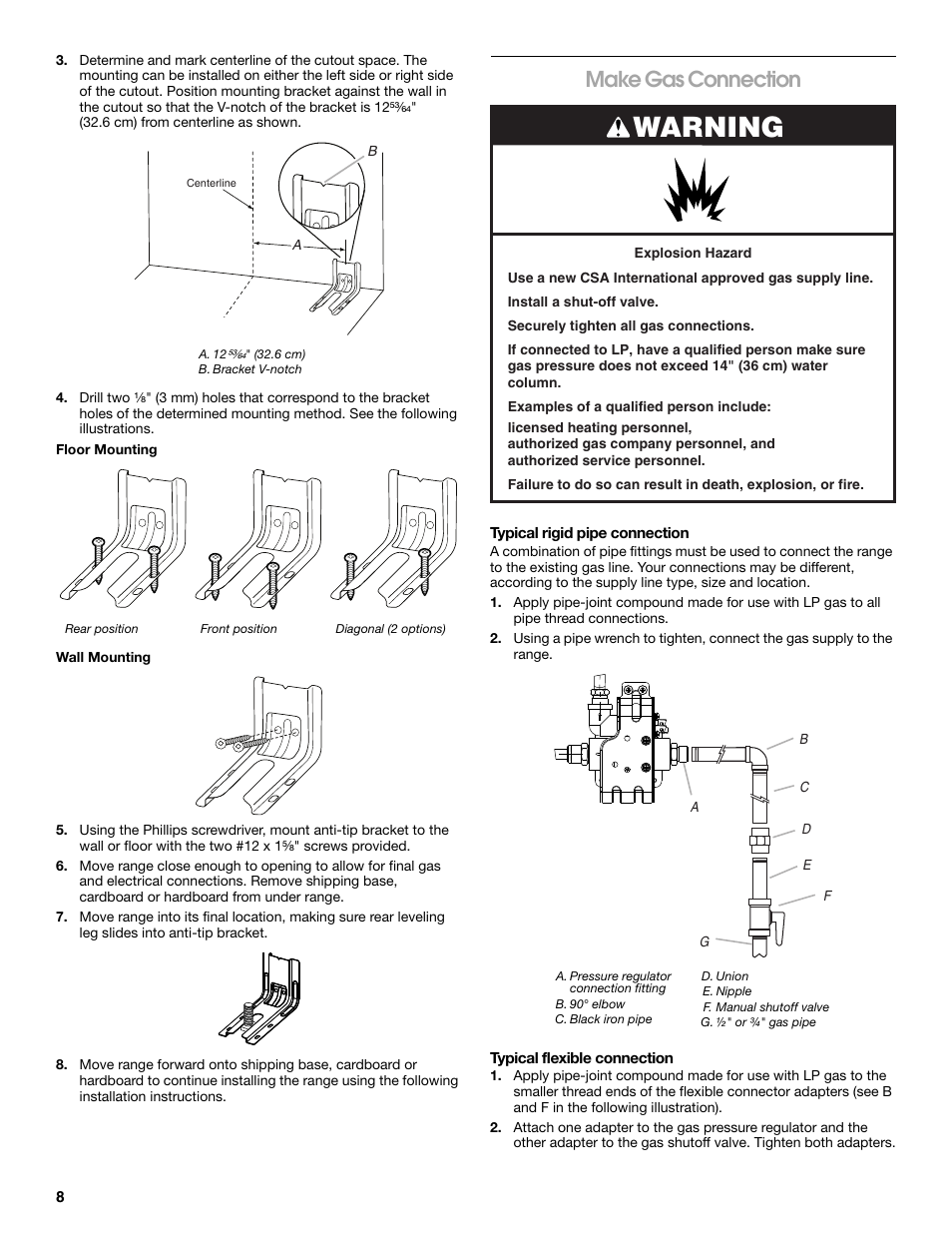 Warning, Make gas connection | Whirlpool 30" (76.2 CM) FREESTANDING GAS RANGES W10533016A User Manual | Page 8 / 20