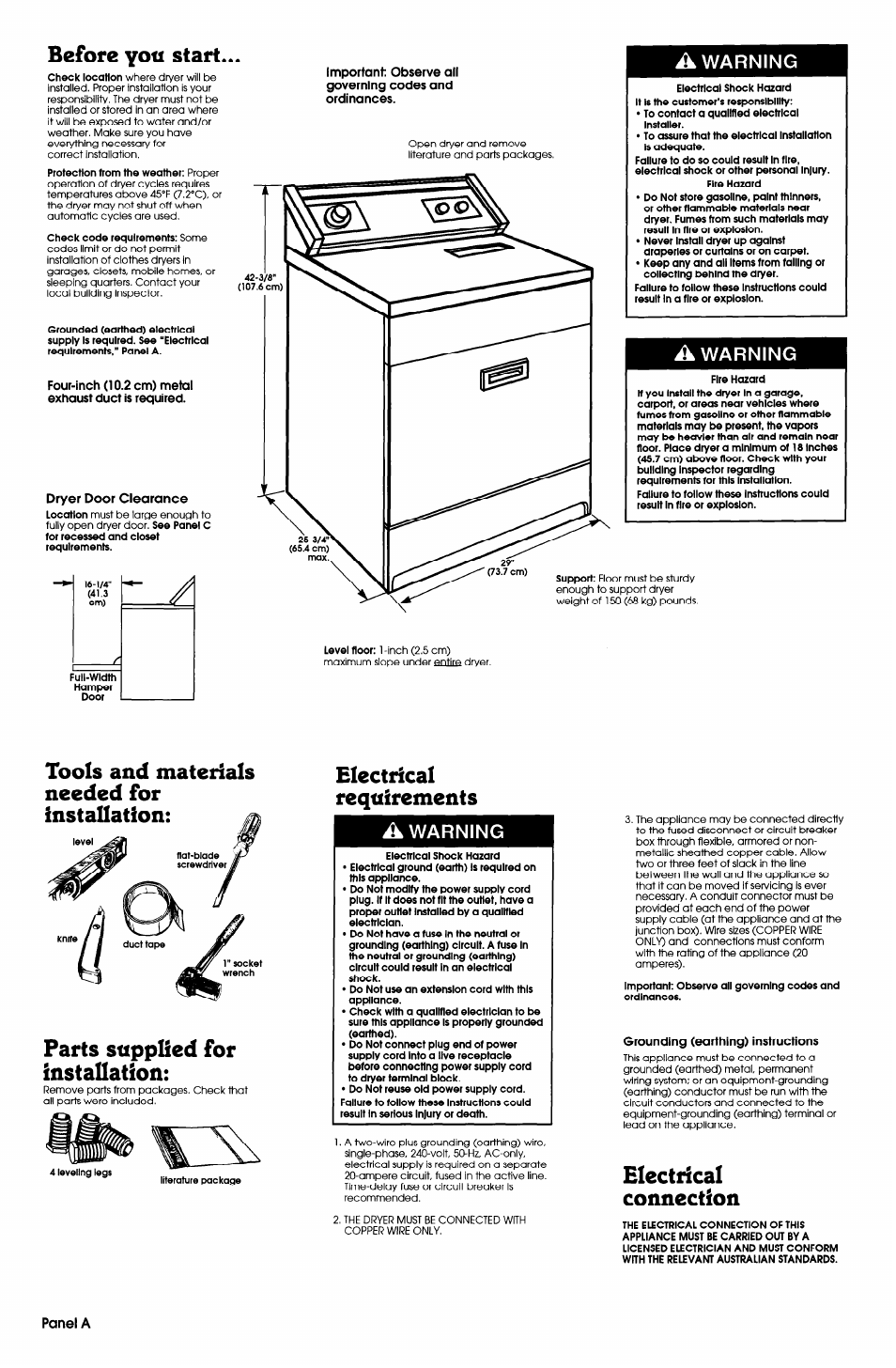 Four-inch (10.2 cm) metal exhaust duct is required, A warning, Grounding (earthing) instructions | Before yoti start, Tools and materials needed for installation, Parts supplied for installation, Electrical requirements a, Electrical connection, Warning | Whirlpool 6LE5700XSW0 User Manual | Page 2 / 5