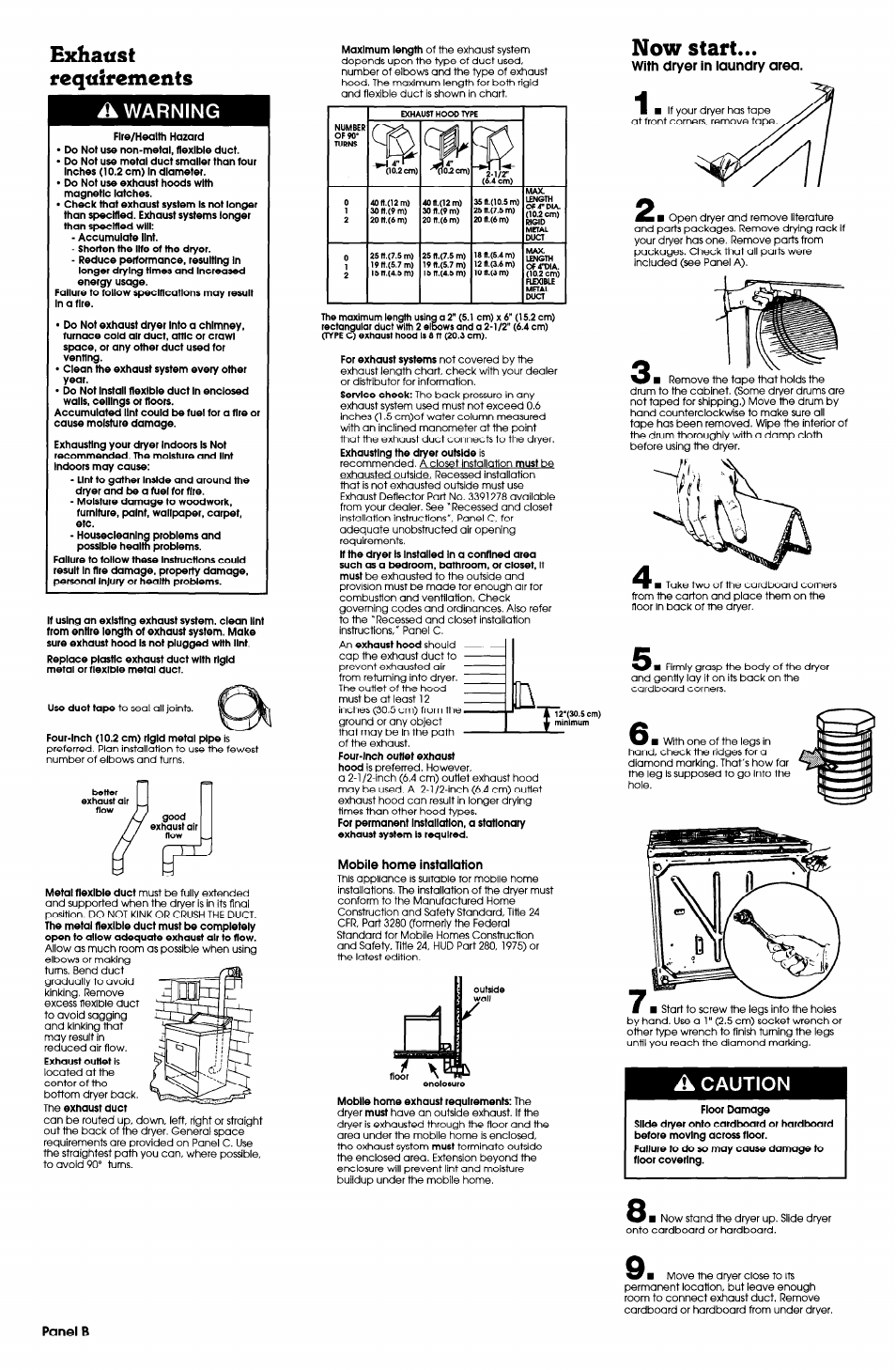 Â warning, Mobile home installation, Now start | A caution, Exhaust requirements, With dryer in laundry area, Panel b | Whirlpool 6LE5700XSW0 User Manual | Page 3 / 5