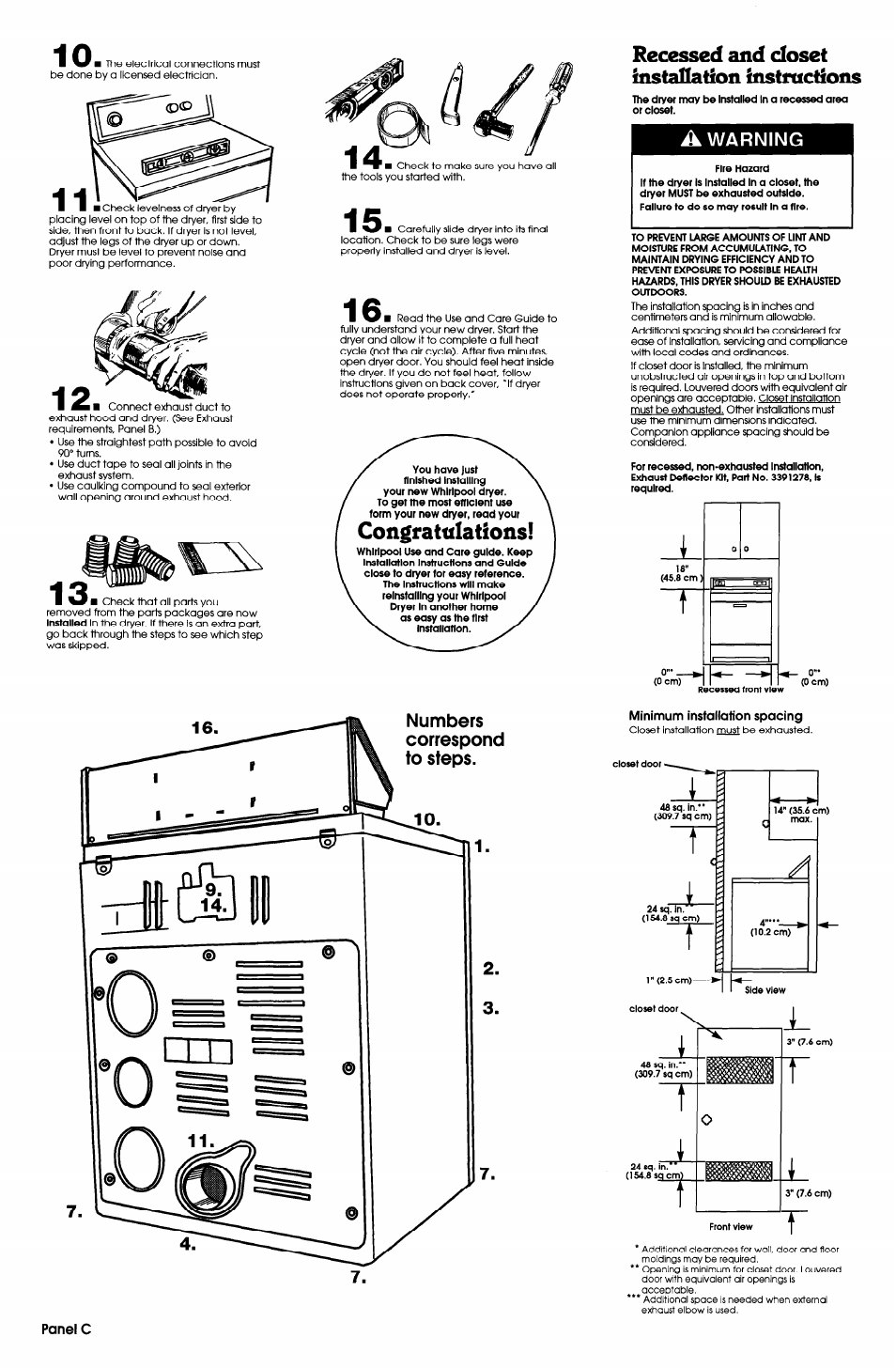 A warning, Numbers correspond to steps, Minimum instailation spacing | Congrattilations, Recessed and doset installation instructions | Whirlpool 6LE5700XSW0 User Manual | Page 4 / 5