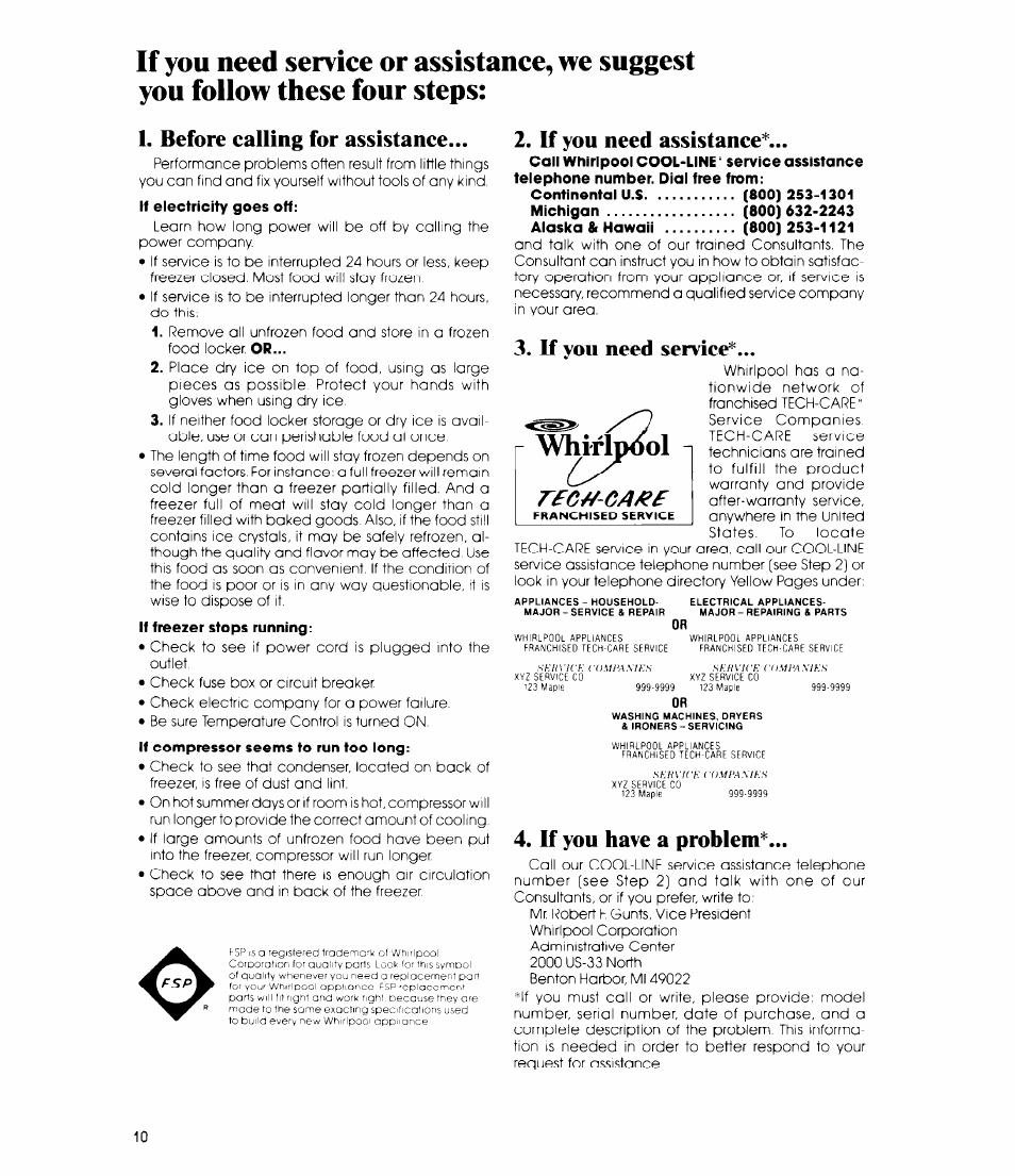 Before calling for assistance, If you need assistance, If you need service | If you have a problem, 3, if you need service, 4, if you flave a problem, Wwrip^l r£c//-ca/f^f | Whirlpool EV150CXR User Manual | Page 10 / 12