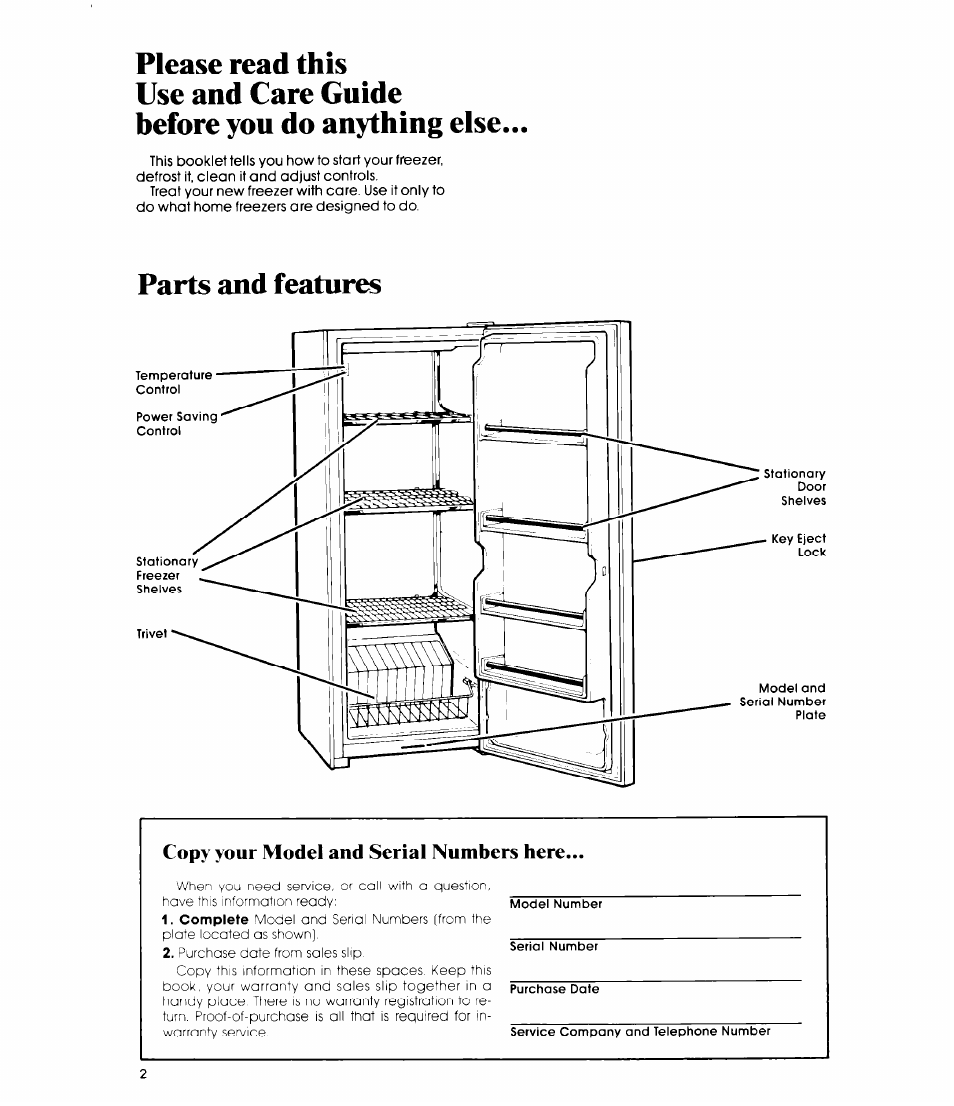Please read this, Use and care guide, Before you do anything else | Parts and features, Copy your model and serial numbers here | Whirlpool EV150CXR User Manual | Page 2 / 12