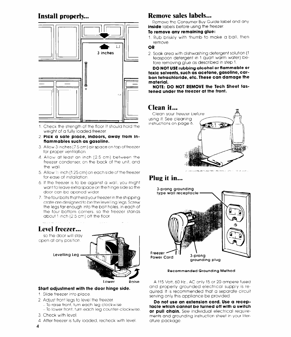 Install properly, Level freezer, Remove sales labels | Plug it in, Level freezer remove sales labels, Clean it | Whirlpool EV150CXR User Manual | Page 4 / 12