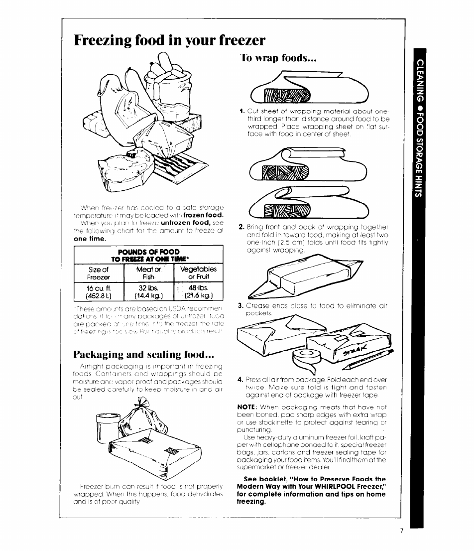 Freezing food in your freezer, To wrap foods, Packaging and sealing food | Packaging and sealing food to wrap foods | Whirlpool EV150CXR User Manual | Page 7 / 12