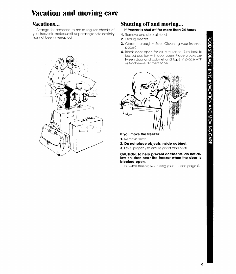 Vacation and moving care, Vacations, Shutting off and moving | Vacations shutting off and moving | Whirlpool EV150CXR User Manual | Page 9 / 12