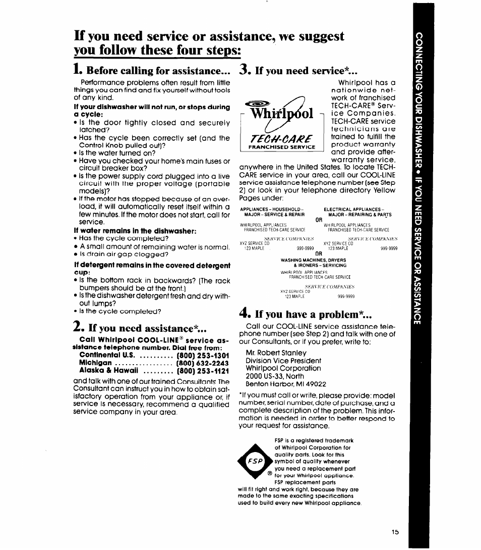 Before calling for assistance, U you need assistance, 4, if you have a problem | Whirlpool, Rfc^-ca/ef | Whirlpool DP1098XR Series User Manual | Page 15 / 16