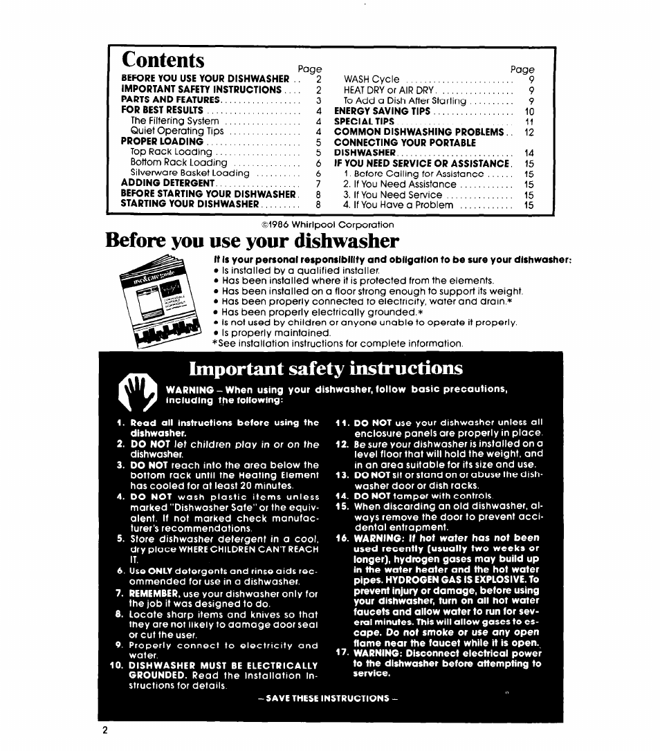 Before you use your dishwasher, Important safety instructions | Whirlpool DP1098XR Series User Manual | Page 2 / 16