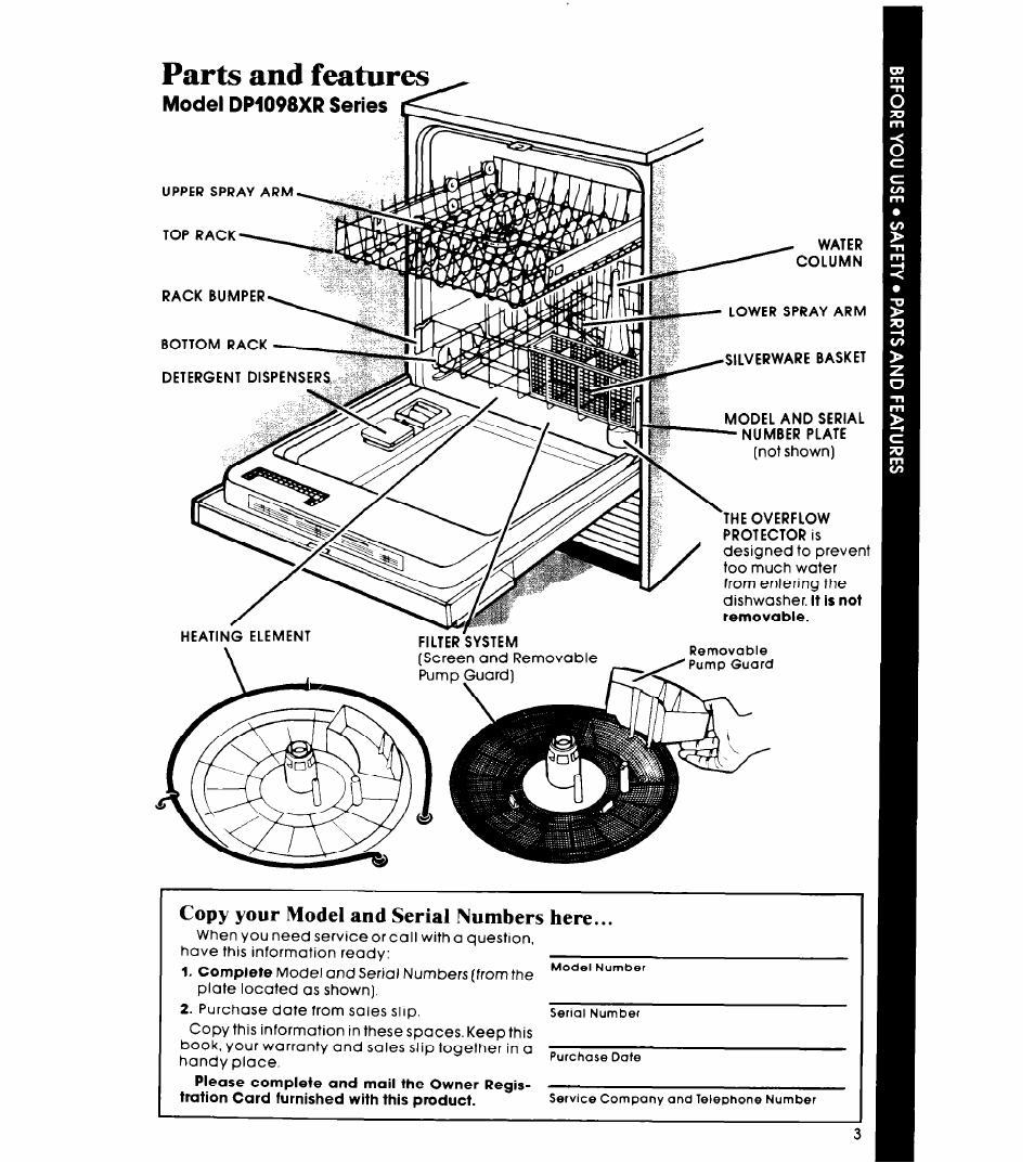 Parts and features, Copy your model and serial numbers here, Model dp1098xr series | Whirlpool DP1098XR Series User Manual | Page 3 / 16