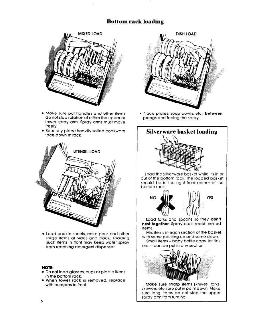 Bottom rack loading, Silverware basket loading | Whirlpool DP1098XR Series User Manual | Page 6 / 16