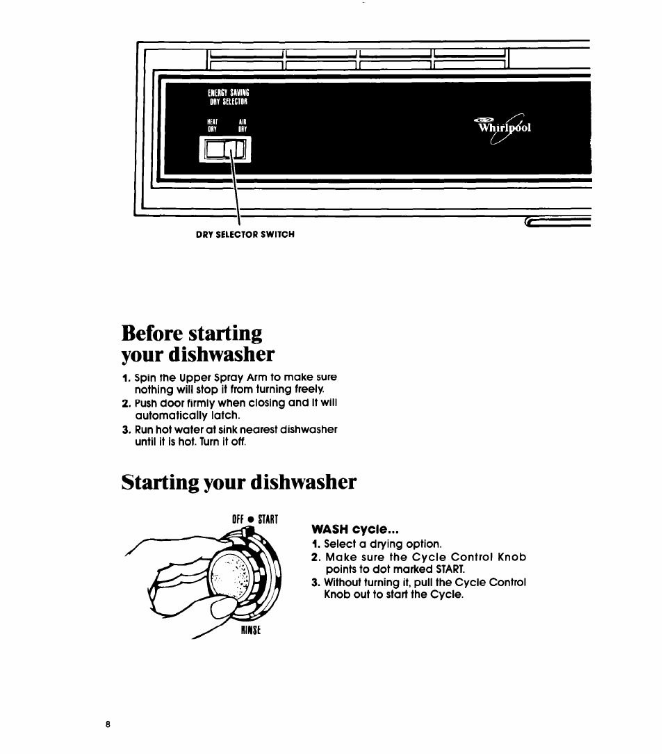 Before starting, Your dishwasher, Starting your dishwasher | Before starting your dishwasher | Whirlpool DP1098XR Series User Manual | Page 8 / 16