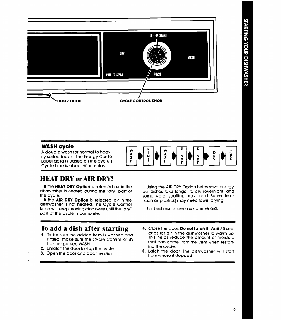 Wash cycle, Heat dry or air dry | Whirlpool DP1098XR Series User Manual | Page 9 / 16