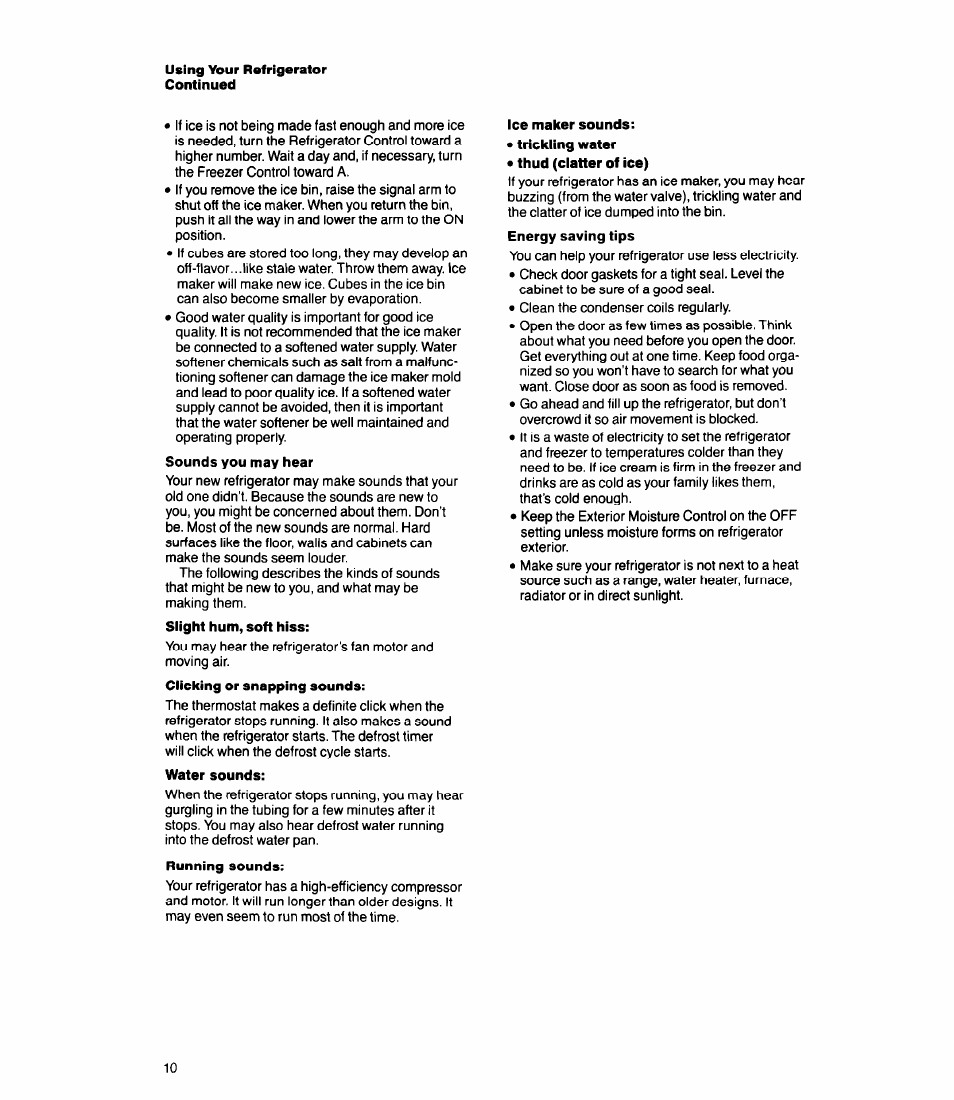 Water sounds, Ice maker sounds | Whirlpool Ell8DK User Manual | Page 10 / 16