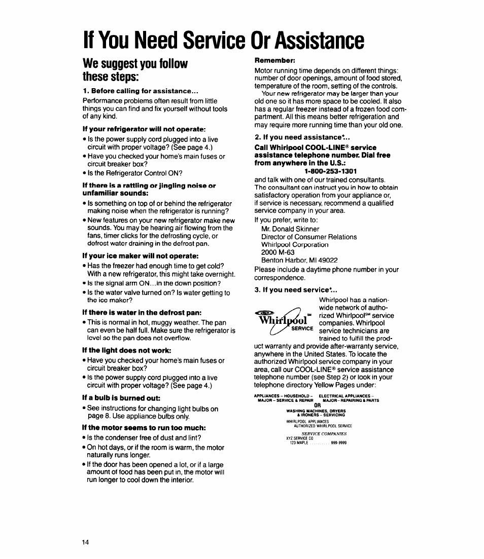 If you need service or assistance, We suggest you follow these steps | Whirlpool Ell8DK User Manual | Page 14 / 16