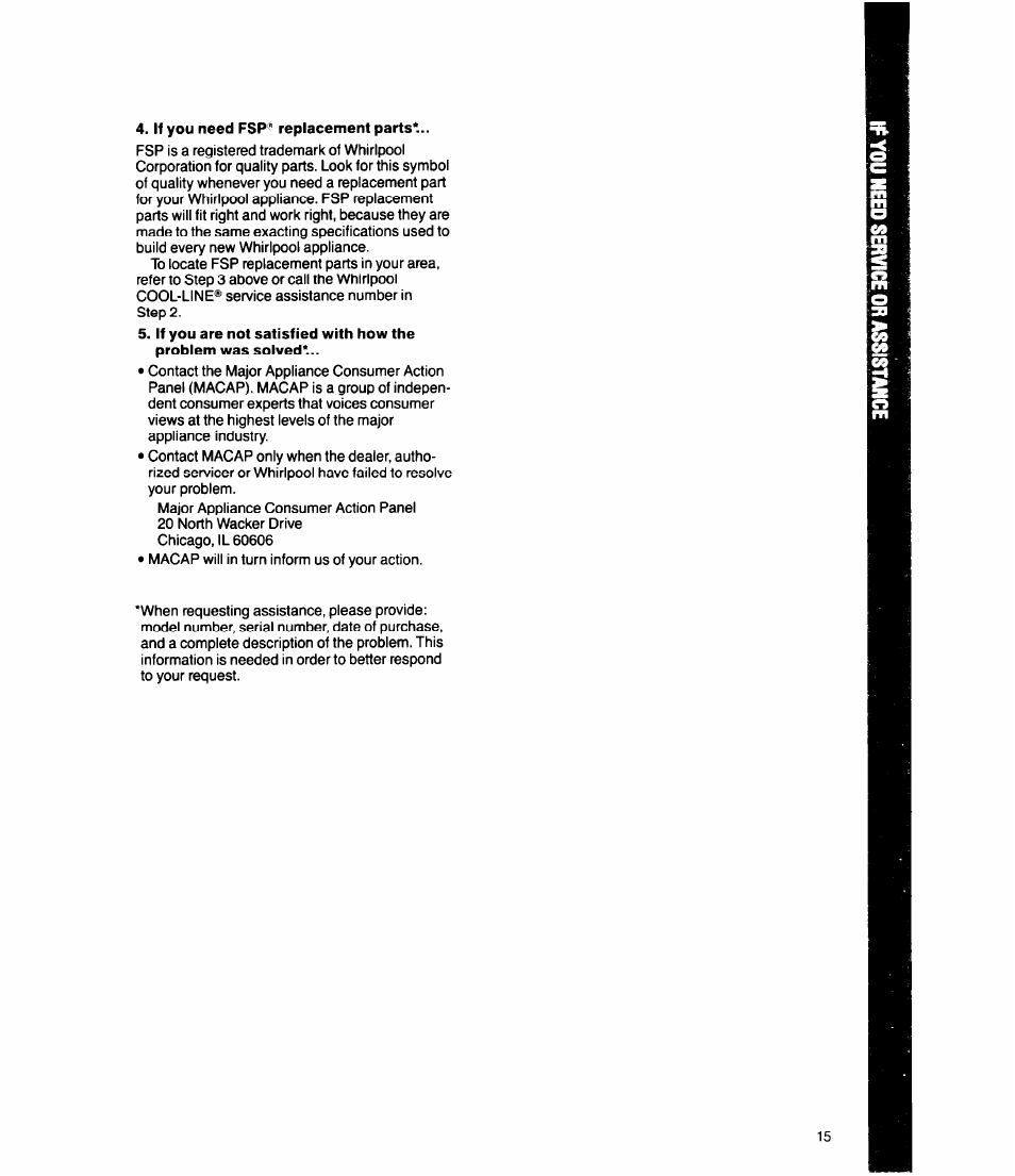If you need fsp" replacement parts | Whirlpool Ell8DK User Manual | Page 15 / 16
