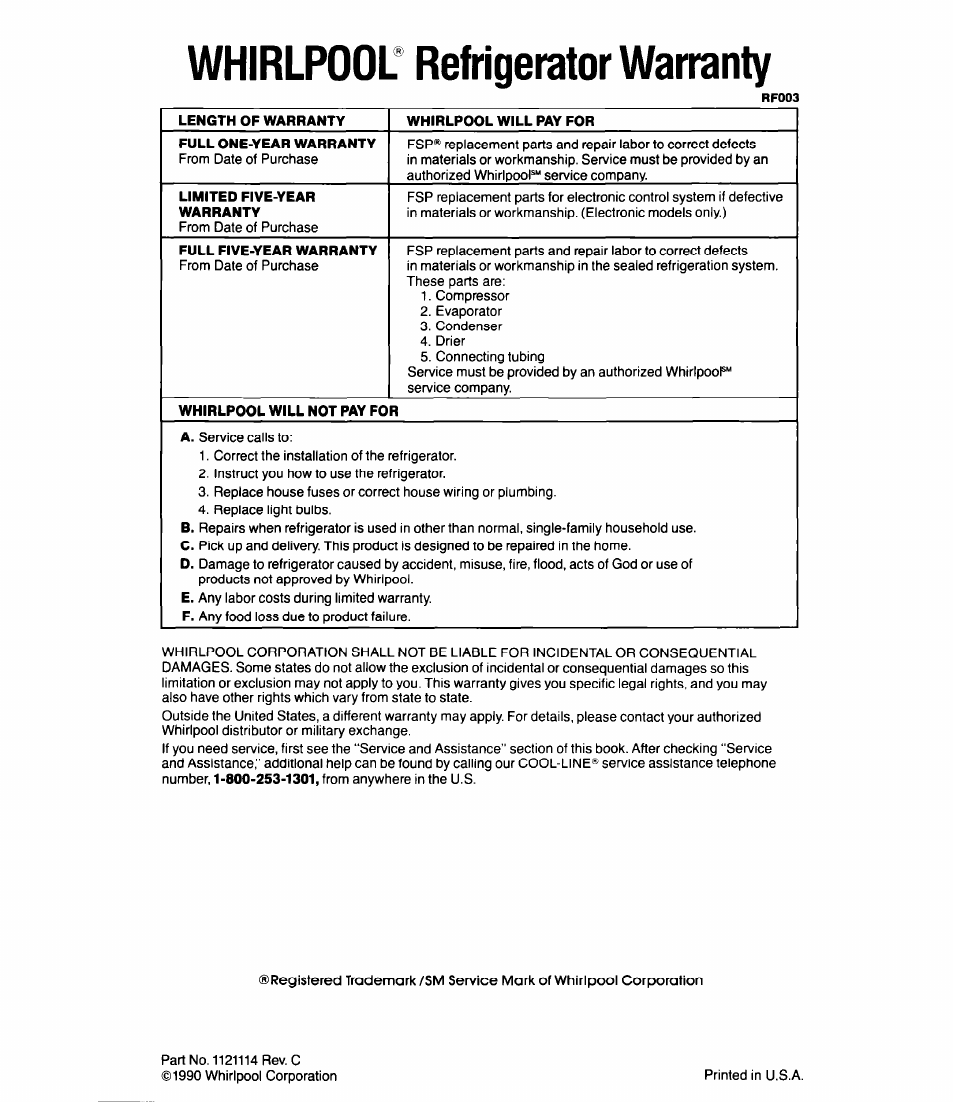 Whirlpool" refrigerator warranty, Whirlpool refrigerator warranty | Whirlpool Ell8DK User Manual | Page 16 / 16