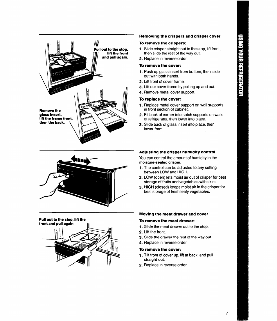 Removing the crispers and crisper cover, To remove the cover, Adjusting the crisper humidity controi | Removing the crispers and crisper cover. 7, Adjusting the crisper humidity control | Whirlpool Ell8DK User Manual | Page 7 / 16