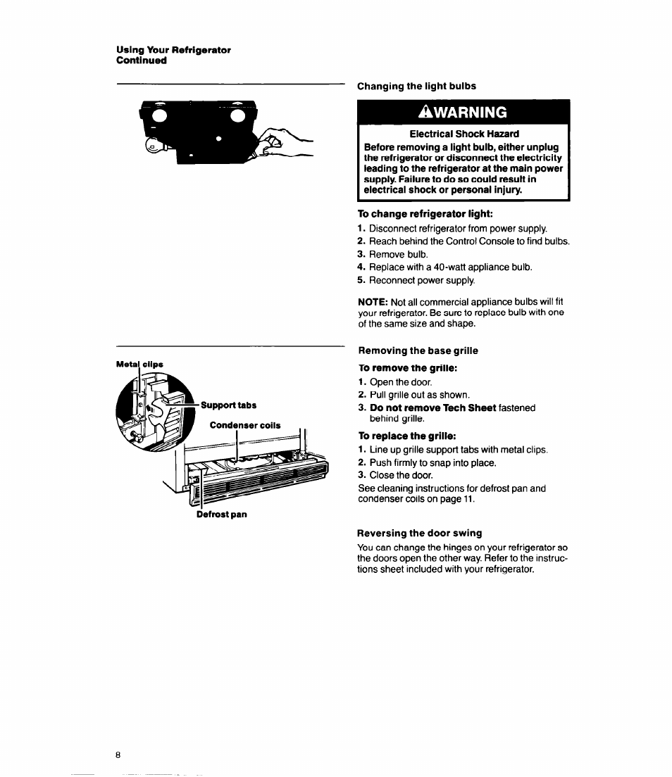 To change refrigerator light, Warning | Whirlpool Ell8DK User Manual | Page 8 / 16