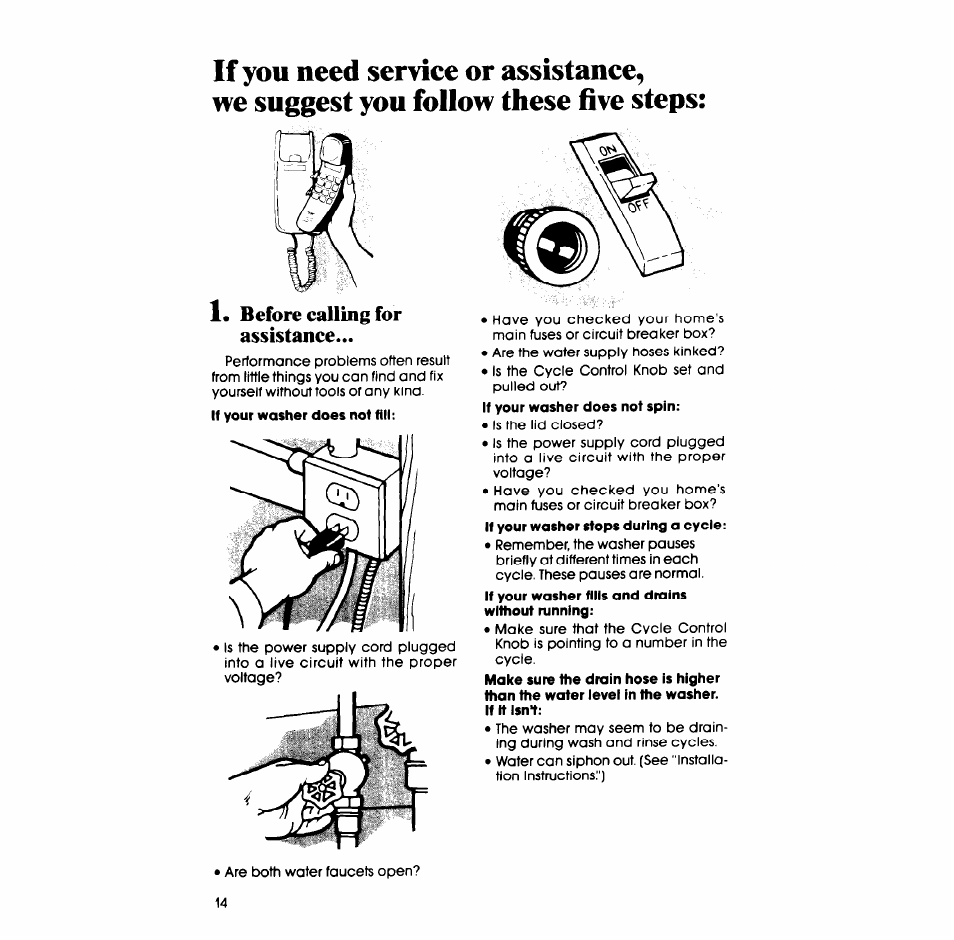 Before calling for assistance | Whirlpool LA6058XS User Manual | Page 14 / 16